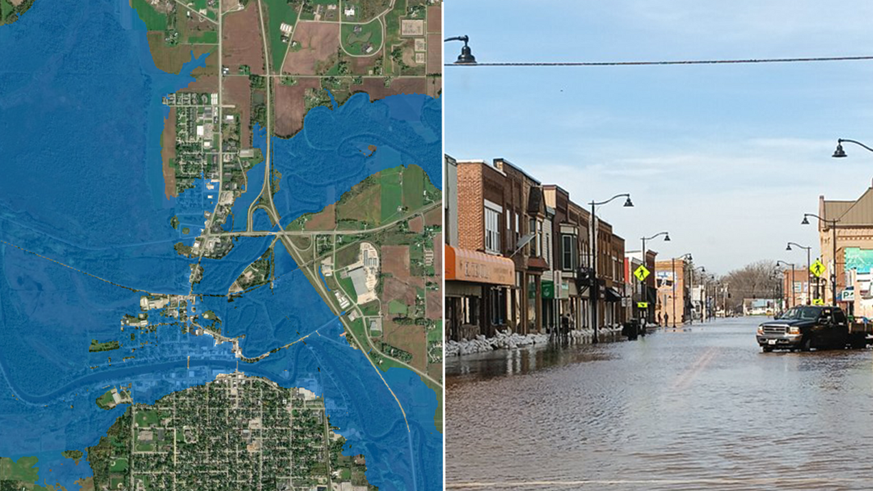 A side-by-side graphic with a local map on the left and a photo of street flooding on the right.