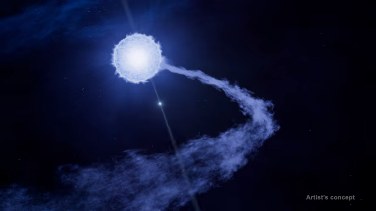 Animation showing a compact pulsar on the verge of passing through its companion's stream of "stellar wind." Credit: NASA GSFC Conceptual Image Laboratory